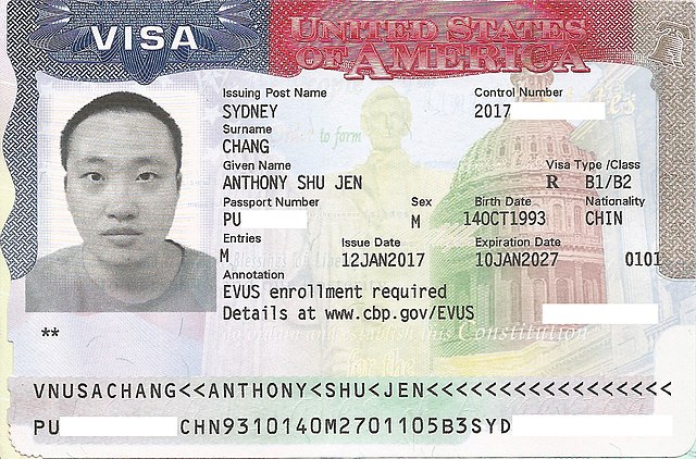 签发给中国公民的10年有效期的美国B签证